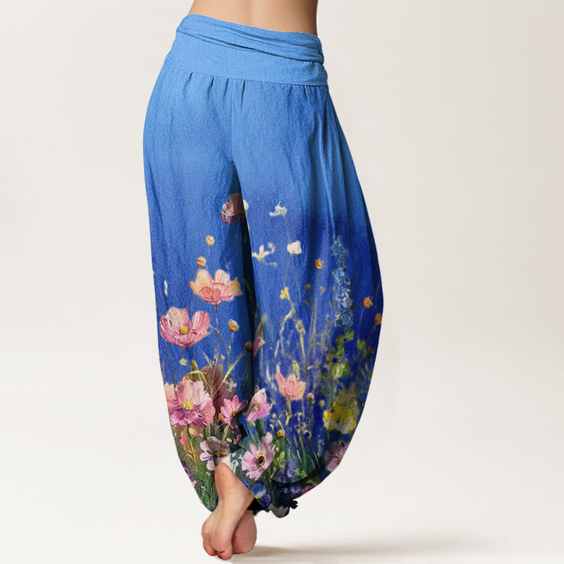 Buddha Stones Cotton Casual Watercolor Style Floral Pattern Women's Elastic Waist Harem Pants - image 9