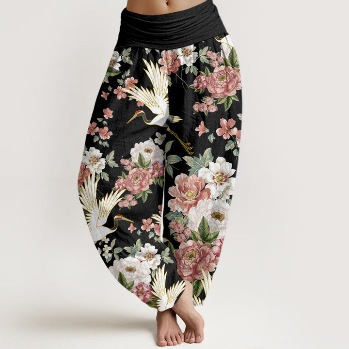 Buddha Stones Casual Cranes Blooming Peony Pattern Women's Elastic Waist Harem Pants - Black - US22，UK/AU26，EU54 (6XL) - image 0