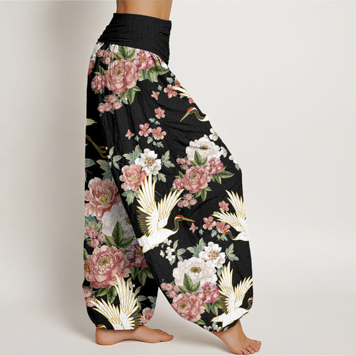 Buddha Stones Cotton Casual Cranes Blooming Peony Pattern Women's Elastic Waist Harem Pants - image 1
