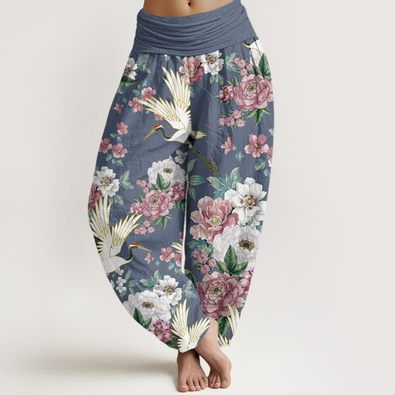 Buddha Stones Casual Cranes Blooming Peony Pattern Women's Elastic Waist Harem Pants - CornflowerBlue - US22，UK/AU26，EU54 (6XL) - image 5