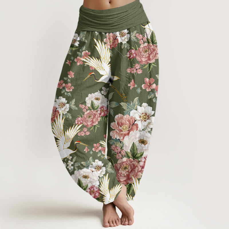 Buddha Stones Casual Cranes Blooming Peony Pattern Women's Elastic Waist Harem Pants - OliveDrab - US22，UK/AU26，EU54 (6XL) - image 8