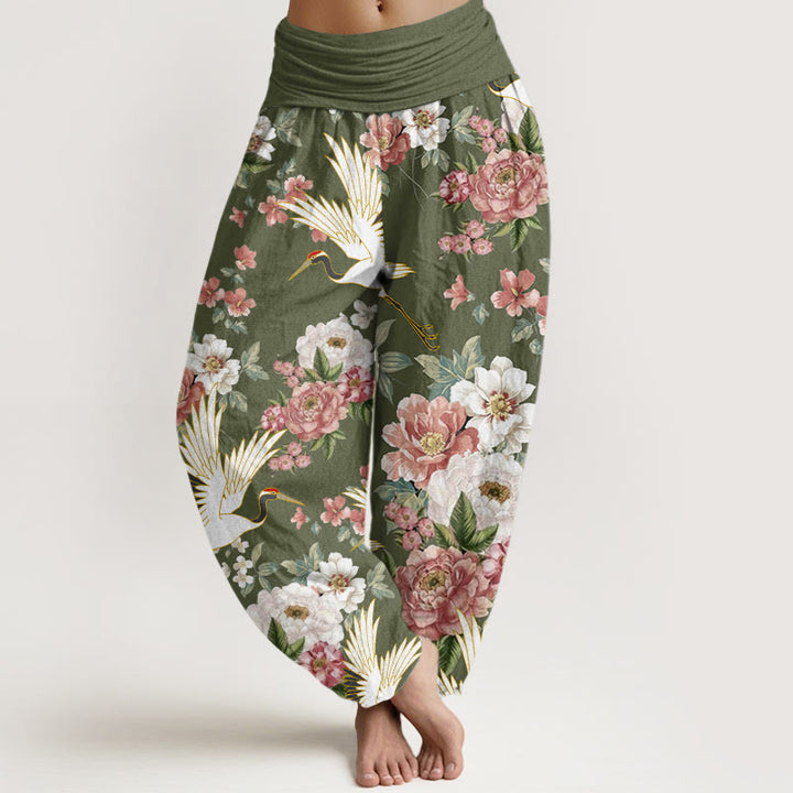 Buddha Stones Casual Cranes Blooming Peony Pattern Women's Elastic Waist Harem Pants - OliveDrab - US22，UK/AU26，EU54 (6XL) - image 8