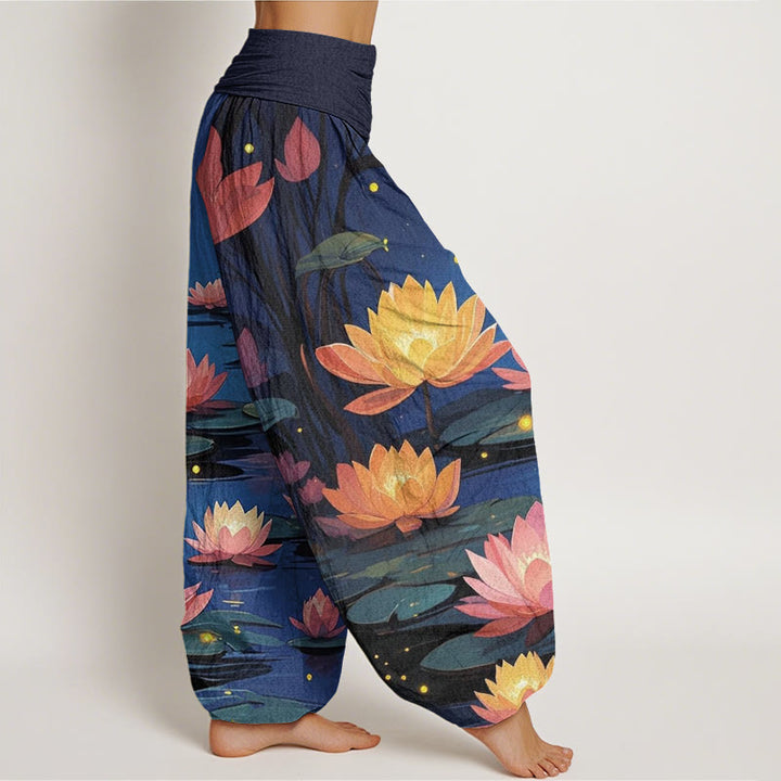 Buddha Stones Cotton Casual Peaceful Nighttime Lotus Pattern Women's Elastic Waist Harem Pants - image 1