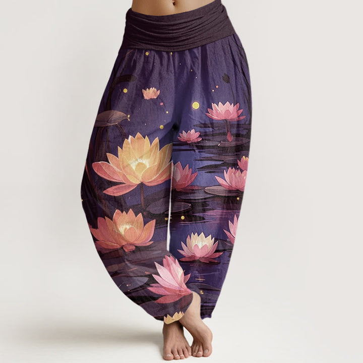 Buddha Stones Cotton Casual Peaceful Nighttime Lotus Pattern Women's Elastic Waist Harem Pants - Indigo - US22，UK/AU26，EU54 (6XL) - image 4