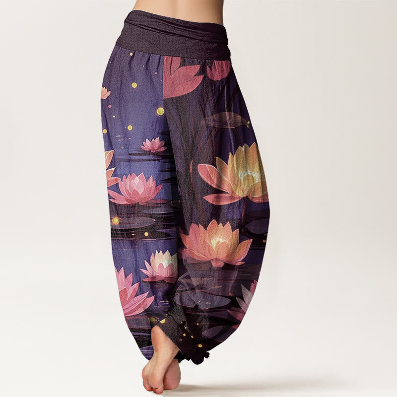 Buddha Stones Cotton Casual Peaceful Nighttime Lotus Pattern Women's Elastic Waist Harem Pants - image 6
