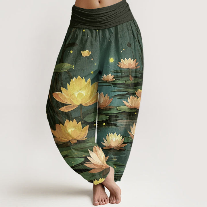 Buddha Stones Casual Peaceful Nighttime Lotus Pattern Women's Elastic Waist Harem Pants - DarkGreen - US22，UK/AU26，EU54 (6XL) - image 8