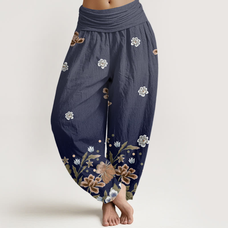 Buddha Stones Casual Blooming Flowers Pattern Women's Elastic Waist Harem Pants - Navy - US22，UK/AU26，EU54 (6XL) - image 0