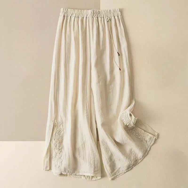 Buddha Stones Retro Casual Embroidery Design Drawstring Cotton Linen Women's Wide Leg Pants With Pockets - Linen - US12，UK/AU16，EU44 (3XL) - image 0
