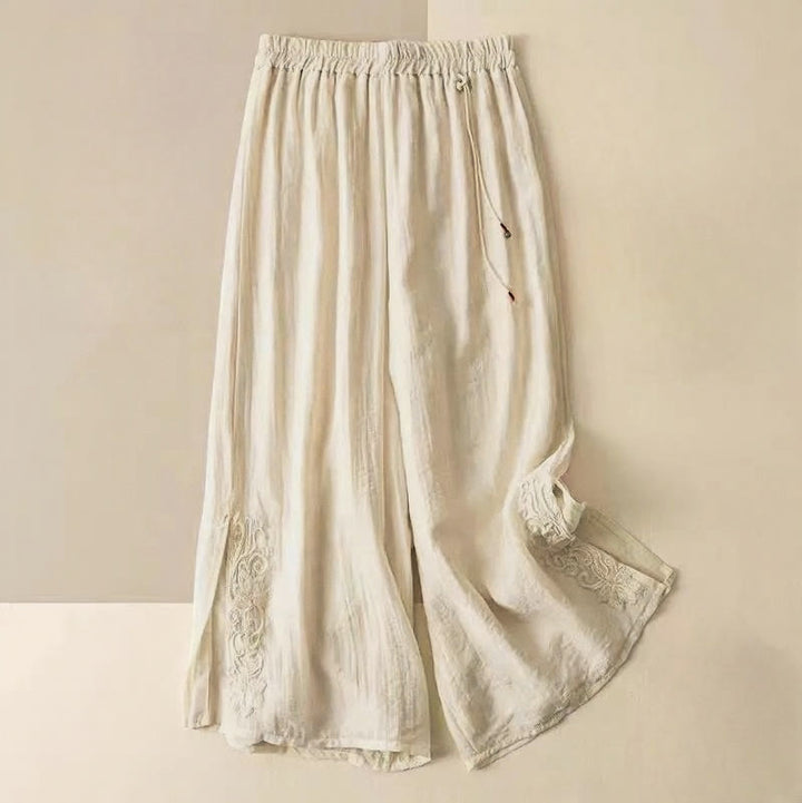 Buddha Stones Retro Casual Embroidery Design Drawstring Cotton Linen Women's Wide Leg Pants With Pockets - Linen - US12，UK/AU16，EU44 (3XL) - image 0