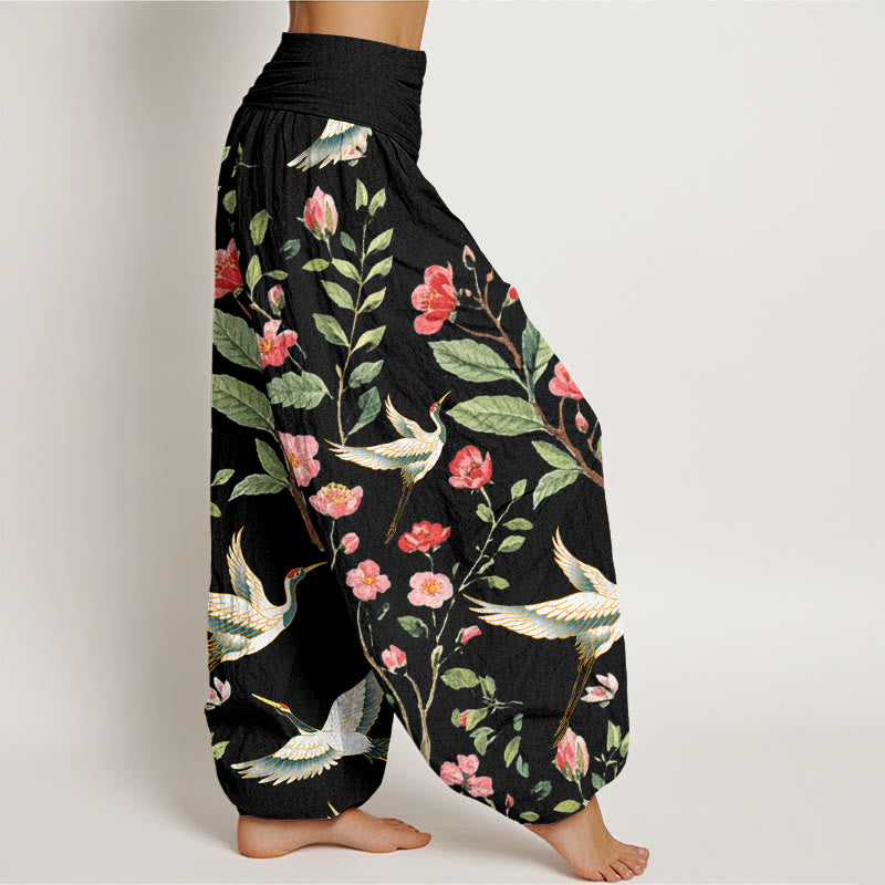 Buddha Stones Casual Red Flowers Crane Pattern Women's Elastic Waist Harem Pants - image 1