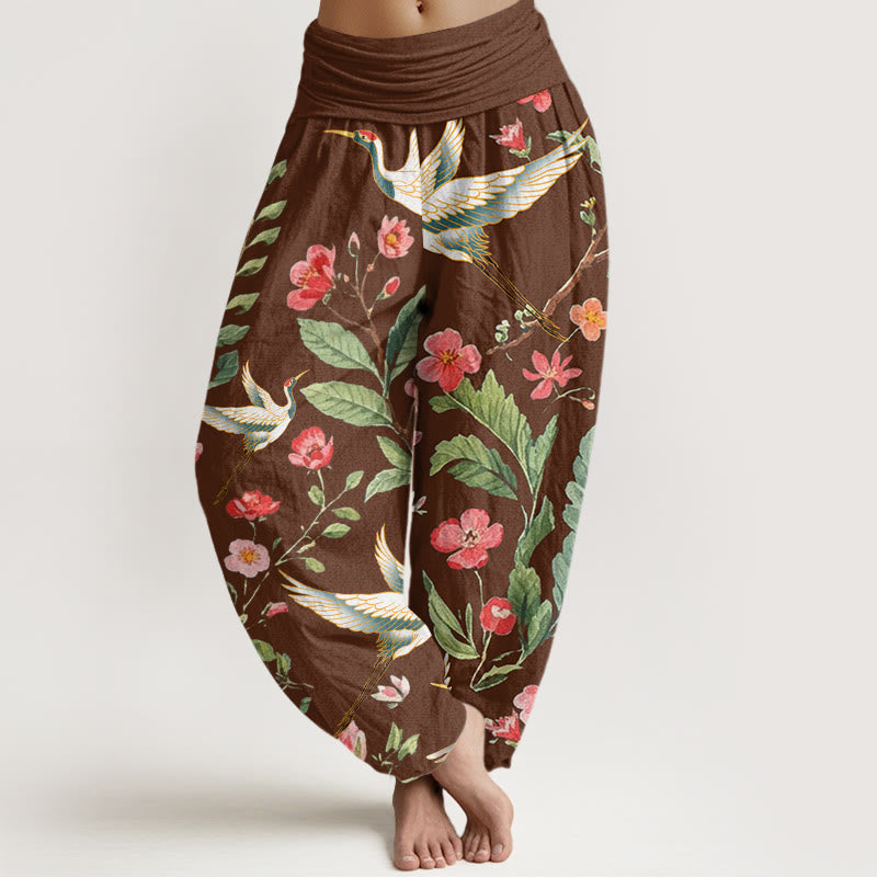 Buddha Stones Casual Red Flowers Crane Pattern Women's Elastic Waist Harem Pants - SaddleBrown - US22，UK/AU26，EU54 (6XL) - image 5