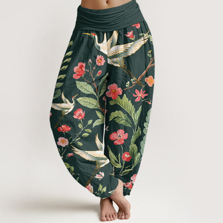Buddha Stones Cotton Casual Red Flowers Crane Pattern Women's Elastic Waist Harem Pants - DarkGreen - US22，UK/AU26，EU54 (6XL) - image 7