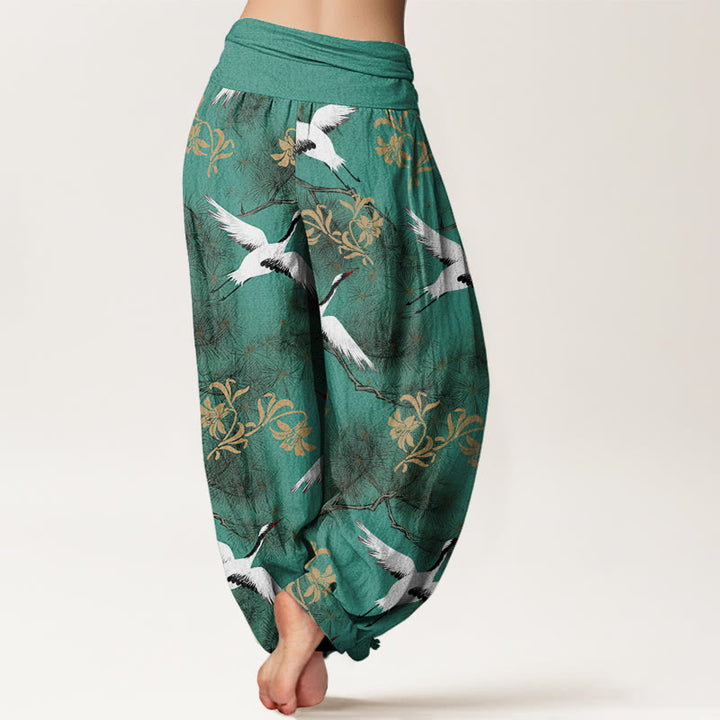 Buddha Stones Casual Red-crowned Crane Pine Tree Pattern Women's Elastic Waist Harem Pants - image 3