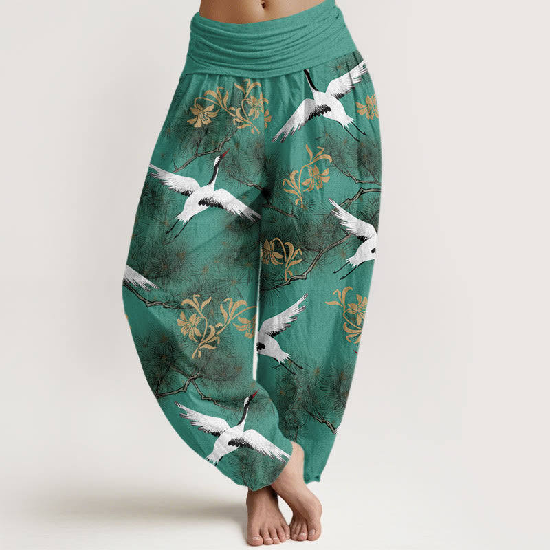 Buddha Stones Casual Red-crowned Crane Pine Tree Pattern Women's Elastic Waist Harem Pants - MediumSeaGreen - US22，UK/AU26，EU54 (6XL) - image 0