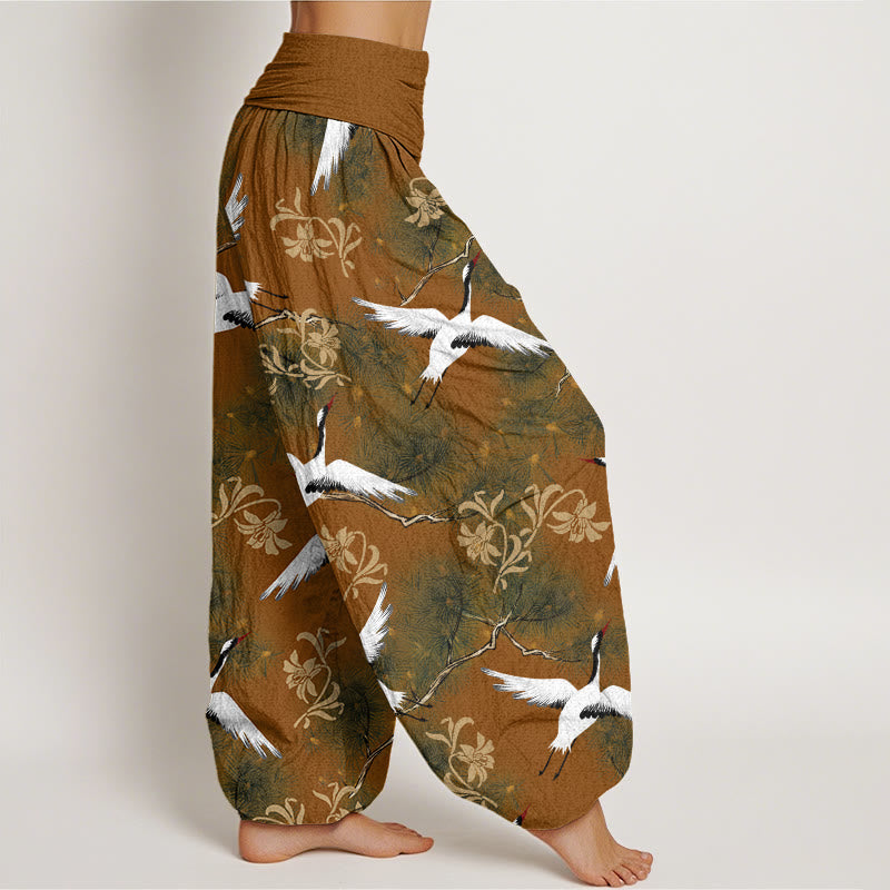 Buddha Stones Casual Red-crowned Crane Pine Tree Pattern Women's Elastic Waist Harem Pants - image 6