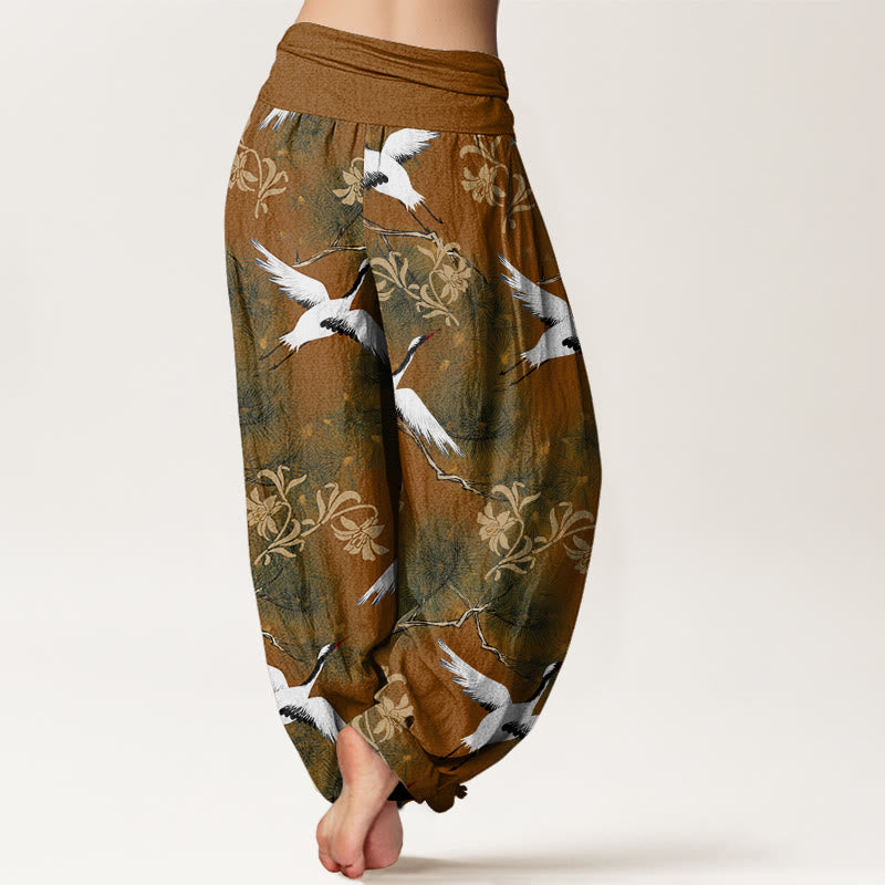 Buddha Stones Casual Red-crowned Crane Pine Tree Pattern Women's Elastic Waist Harem Pants - image 6