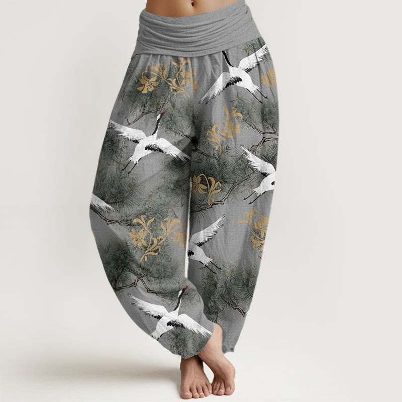 Buddha Stones Casual Red-crowned Crane Pine Tree Pattern Women's Elastic Waist Harem Pants - Gray - US22，UK/AU26，EU54 (6XL) - image 8