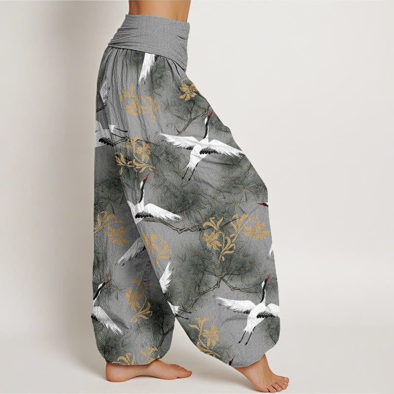 Buddha Stones Casual Red-crowned Crane Pine Tree Pattern Women's Elastic Waist Harem Pants - image 8