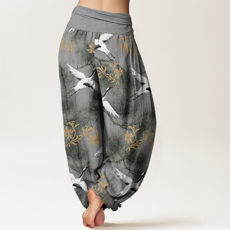 Buddha Stones Casual Red-crowned Crane Pine Tree Pattern Women's Elastic Waist Harem Pants - image 10