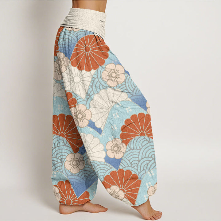 Buddha Stones Cotton Casual Abstract Petal And Wave Pattern Women's Elastic Waist Harem Pants - image 1
