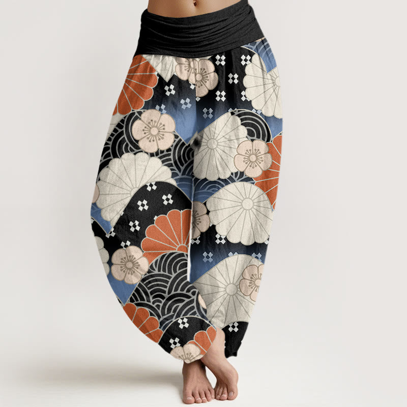 Buddha Stones Cotton Casual Abstract Petal And Wave Pattern Women's Elastic Waist Harem Pants - Black - US22，UK/AU26，EU54 (6XL) - image 7
