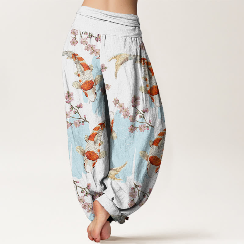 Buddha Stones Cotton Casual Koi Fish Cherry Blossom Pattern Women's Elastic Waist Harem Pants - image 2