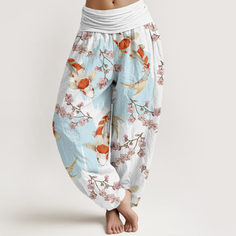 Buddha Stones Casual Koi Fish Cherry Blossom Pattern Women's Elastic Waist Harem Pants - White - US22，UK/AU26，EU54 (6XL) - image 0