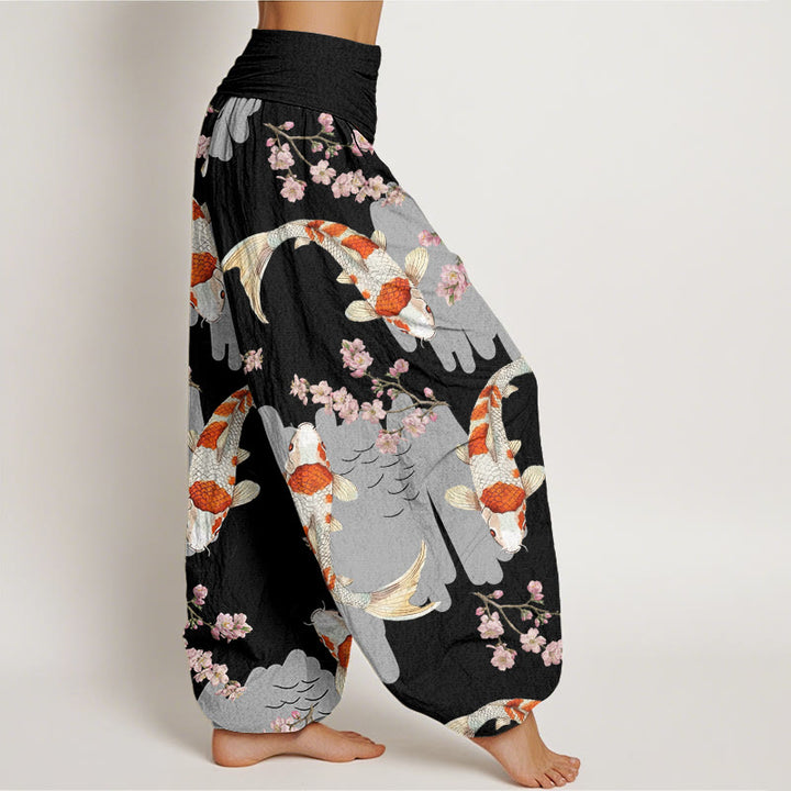 Buddha Stones Cotton Casual Koi Fish Cherry Blossom Pattern Women's Elastic Waist Harem Pants - image 5