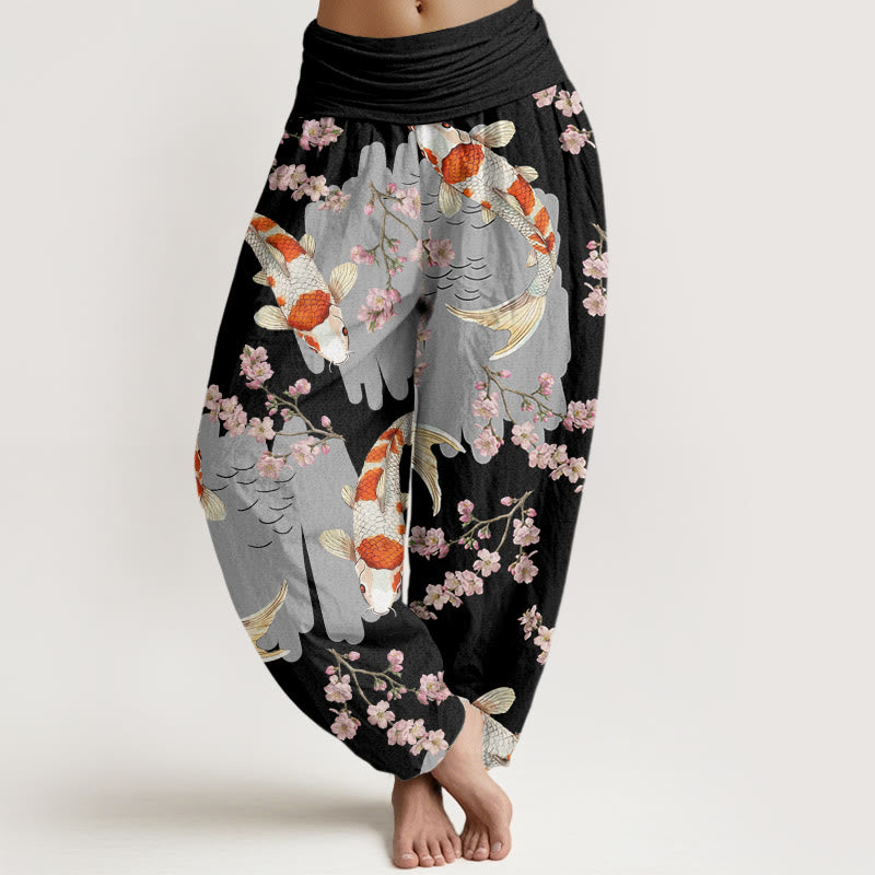 Buddha Stones Casual Koi Fish Cherry Blossom Pattern Women's Elastic Waist Harem Pants - Black - US22，UK/AU26，EU54 (6XL) - image 5
