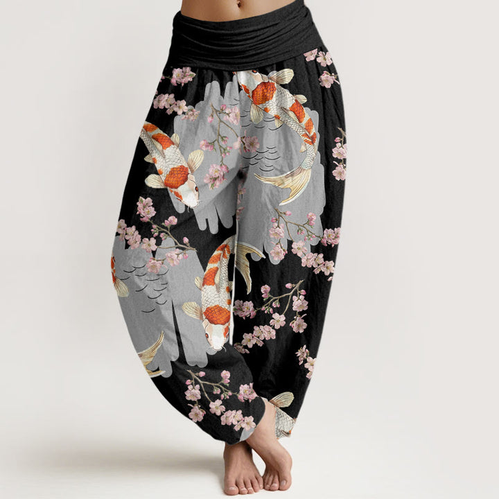 Buddha Stones Casual Koi Fish Cherry Blossom Pattern Women's Elastic Waist Harem Pants - Black - US22，UK/AU26，EU54 (6XL) - image 5