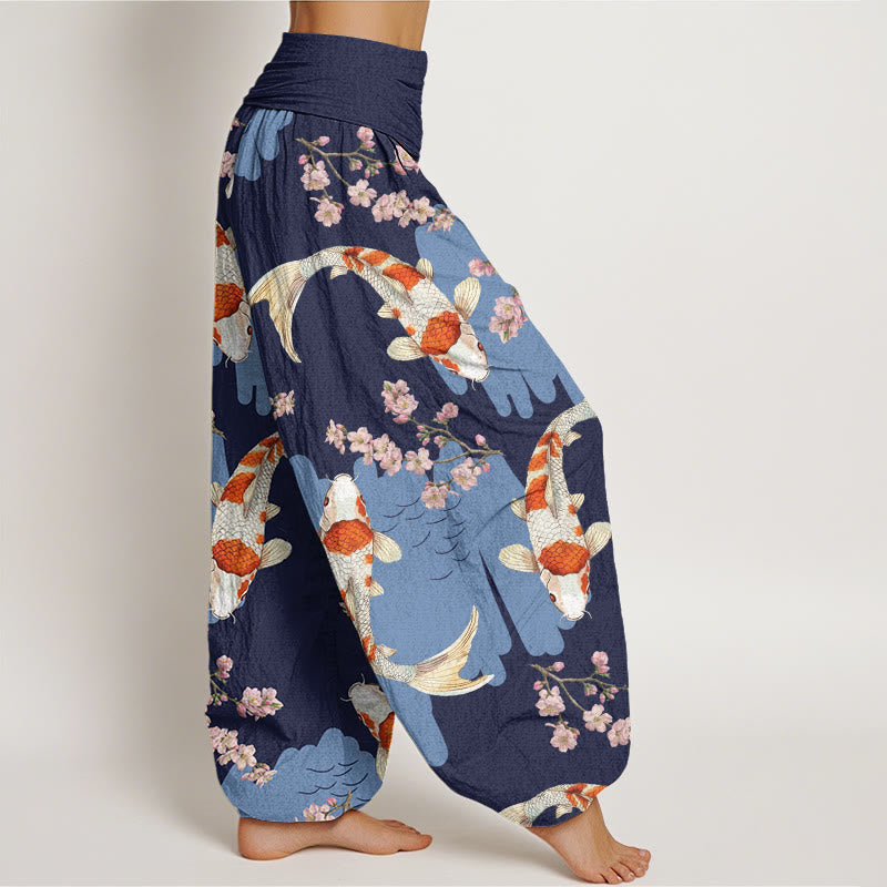 Buddha Stones Cotton Casual Koi Fish Cherry Blossom Pattern Women's Elastic Waist Harem Pants - image 8