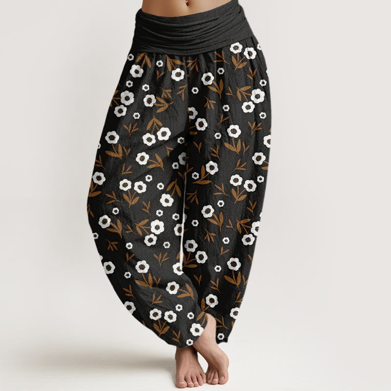 Buddha Stones Casual Simple Flowers Leaves Pattern Women's Elastic Waist Harem Pants - Black - US22，UK/AU26，EU54 (6XL) - image 8