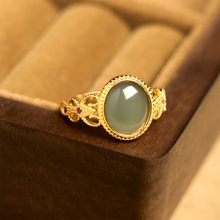 Buddha Stones Natural 925 Sterling Silver Plated Gold Hollow Design Jade Luck Ring - image 10