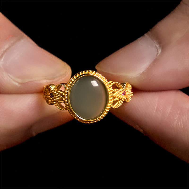 Buddha Stones Natural 925 Sterling Silver Plated Gold Hollow Design Jade Luck Ring - image 15