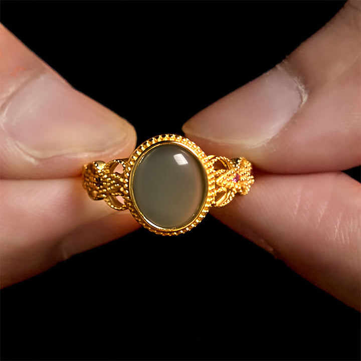 Buddha Stones Natural 925 Sterling Silver Plated Gold Hollow Design Jade Luck Ring - image 15