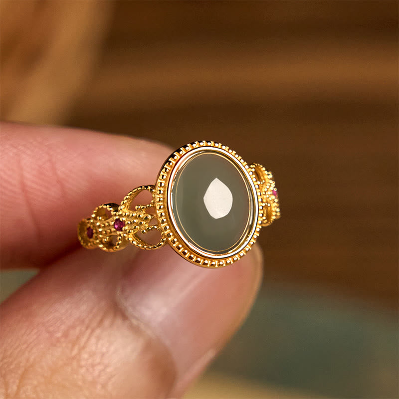 Buddha Stones Natural 925 Sterling Silver Plated Gold Hollow Design Jade Luck Ring - image 13