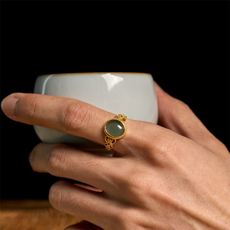 Buddha Stones Natural 925 Sterling Silver Plated Gold Hollow Design Jade Luck Ring - image 16