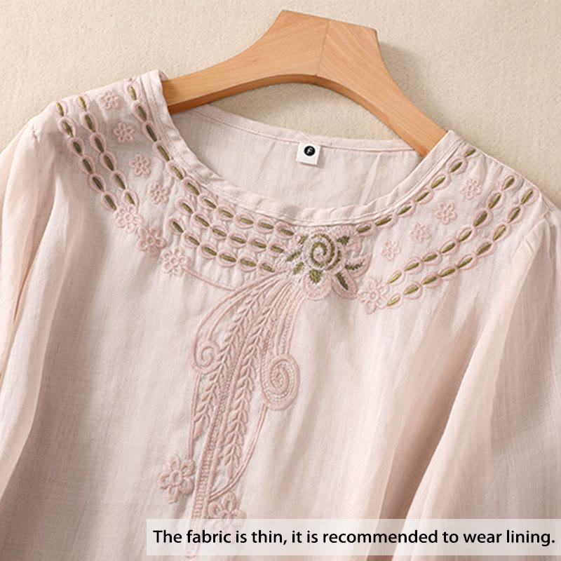 Buddha Stones Women's Crew Neck Hollow Design Half Sleeve Cotton Linen Shirt - image 1