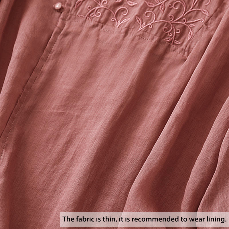 Buddha Stones Plain Frog-Button Embroidery Vine Long Sleeve Slanted Collar Cotton Linen Women's Shirt - image 1
