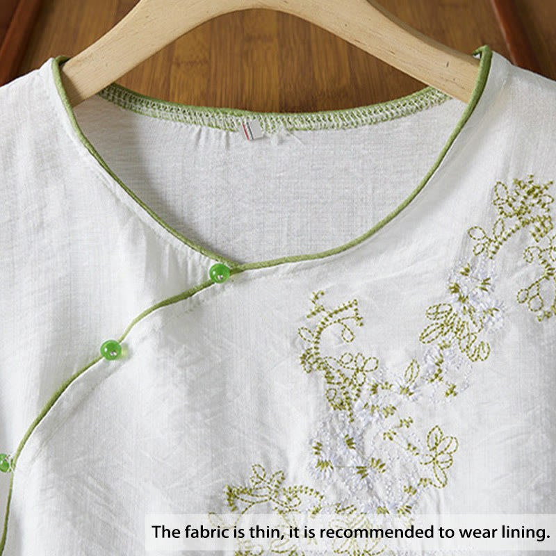 Buddha Stones Casual Women's Flowers Embroidery Pattern Frog-button Slanted Collar Design Three Quarter Sleeve Cotton Linen Shirt - image 2