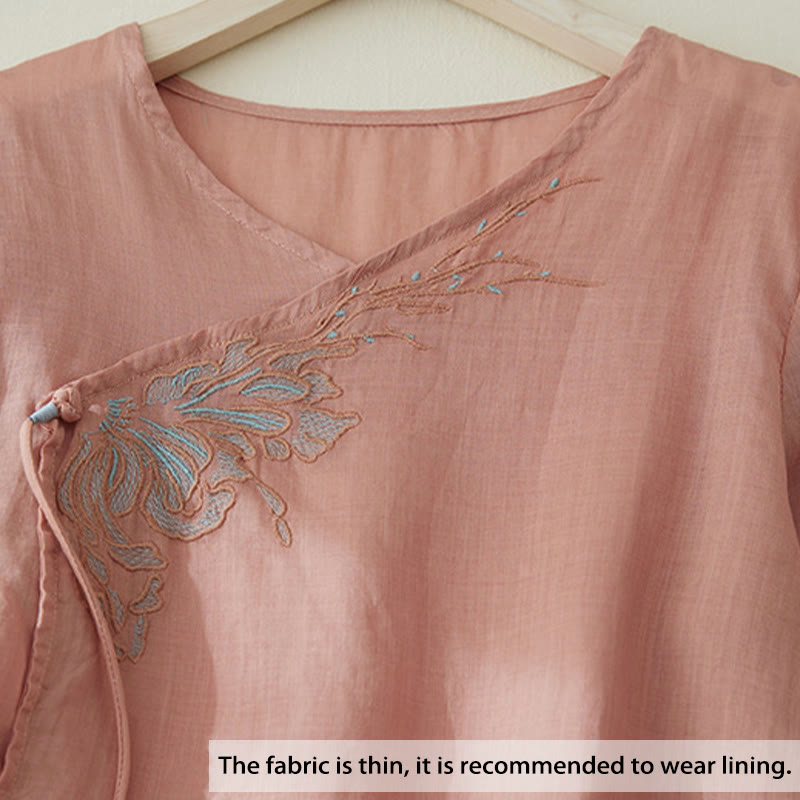 Buddha Stones Casual Women's Embroidery Plants Design Three Quarter Sleeve Shirt - image 2