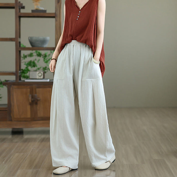 Buddha Stones Plain Pleated Design Ankle-Length Women's Cotton Linen Pants With Pockets - image 13