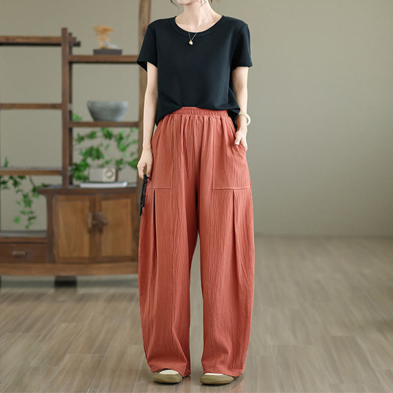 Buddha Stones Plain Pleated Design Ankle-Length Women's Cotton Linen Pants With Pockets - image 5