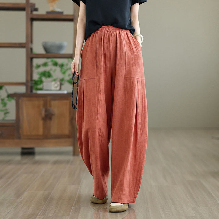Buddha Stones Plain Pleated Design Ankle-Length Women's Cotton Linen Pants With Pockets - OrangeRed - US12，UK/AU16，EU44 (2XL) - image 1