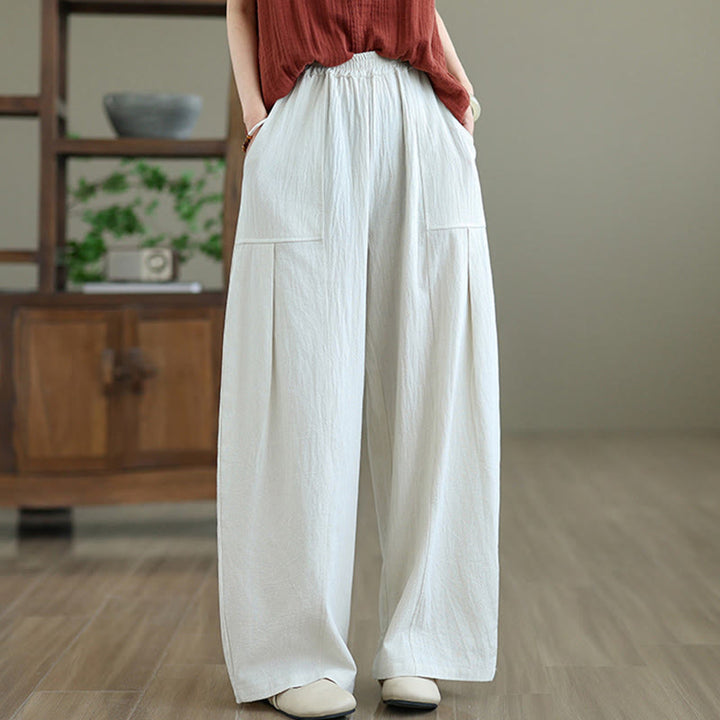 Buddha Stones Plain Pleated Design Ankle-Length Women's Cotton Linen Pants With Pockets - image 10