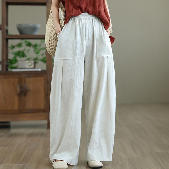 Buddha Stones Plain Pleated Design Ankle-Length Women's Cotton Linen Pants With Pockets - image 12