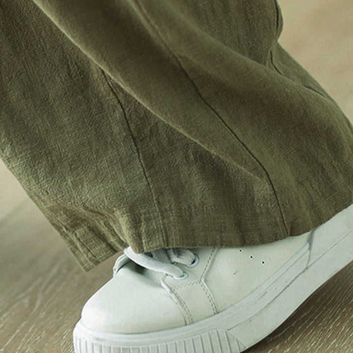 Buddha Stones Commute Button Design Women's Cotton Linen Elastic Waistband Pants With Pockets - image 11