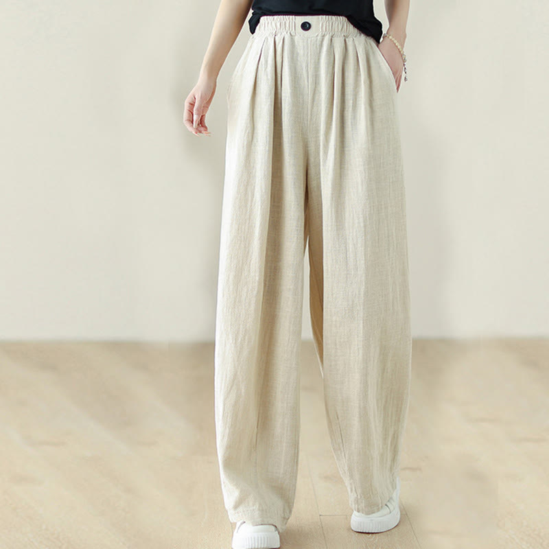 Buddha Stones Commute Button Design Women's Cotton Linen Elastic Waistband Pants With Pockets - image 16