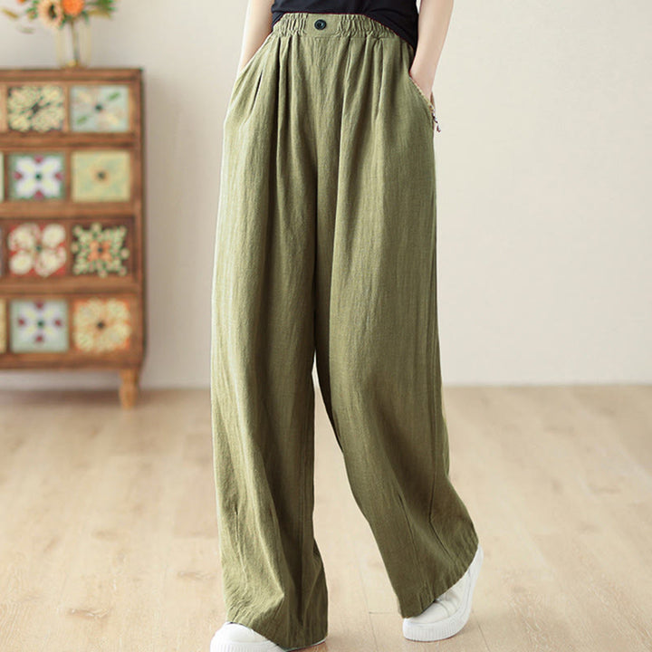 Buddha Stones Commute Button Design Women's Cotton Linen Elastic Waistband Pants With Pockets - OliveDrab - US12，UK/AU16，EU44 (3XL) - image 3