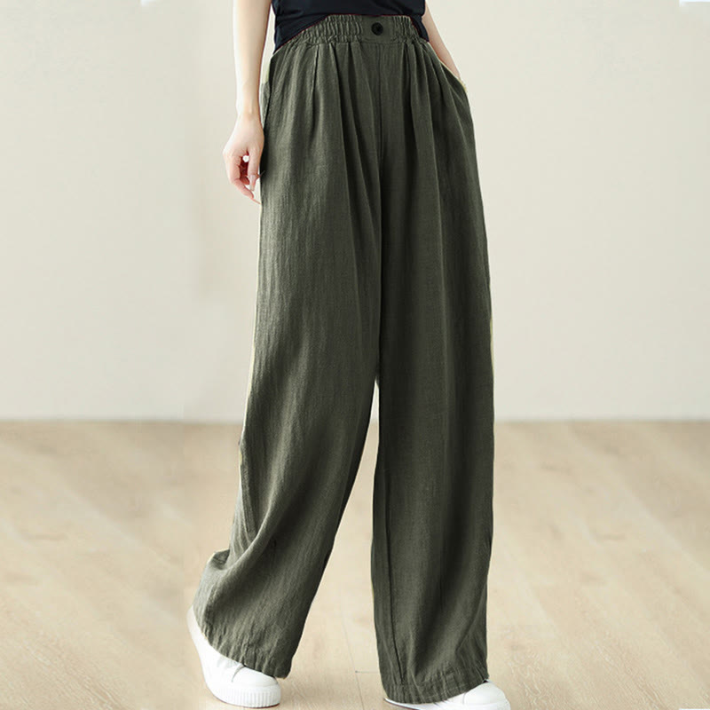 Buddha Stones Commute Button Design Women's Cotton Linen Elastic Waistband Pants With Pockets - image 19